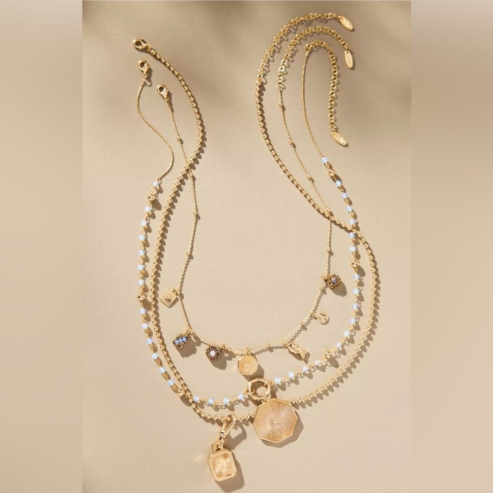 NWT Anthropologie Shades of Sea Layered Necklaces Delicate Charm Set of 3
